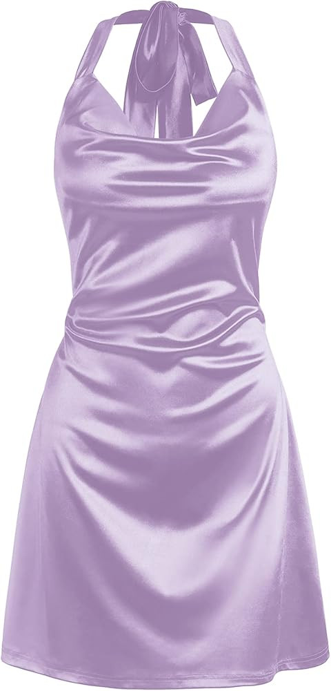 ZAFUL Women Halterneck Satin Mini Dress Sexy Cowl Neck Silky Party Cocktail Club Dress | Amazon (US)
