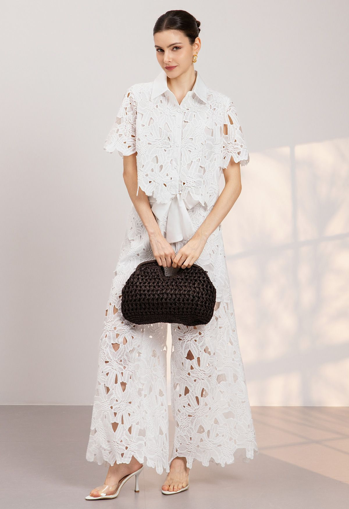 Guipure Lace Crop Shirt and Tie-Waist Pants Set in White for Resort Vacations & Daytime Occasions | Chicwish