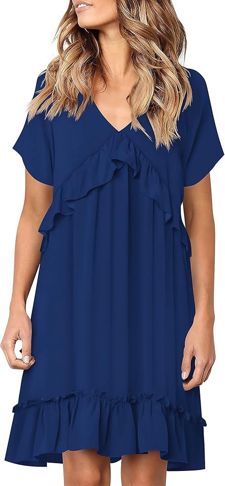 Cosonsen Women's Summer Casual Dresses V-Neck Short Sleeve Ruffle Print Swing Dress | Amazon (US)