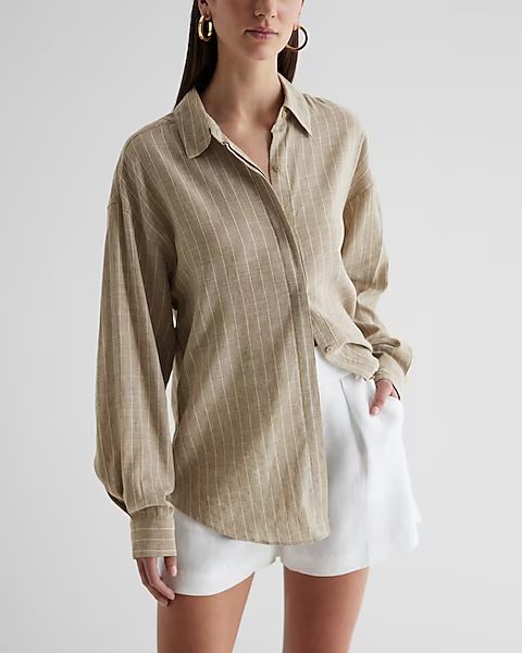 Linen-Blend Striped Boyfriend Portofino Shirt | Express