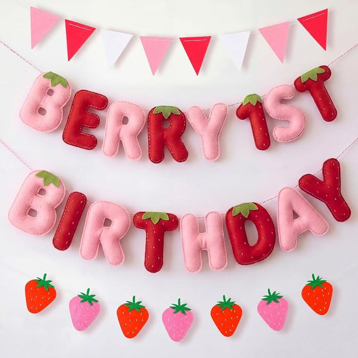Fanfanwin Pre Strung Felt Berry First Birthday Banner, 3D Berry 1st Birthday Banner with Fabric S... | Amazon (US)