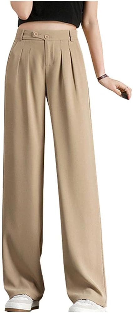 Cyparel Women's Casual High Waisted Pleated Wide Leg Pants Loose Long Straight Trousers | Amazon (US)