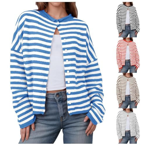 KVOTUU Women Striped Cardigan Sweaters Casual Long Sleeve Open Front Knit Jacket Button Down Cropped Shirts Coat Fall Outfits | Amazon (US)