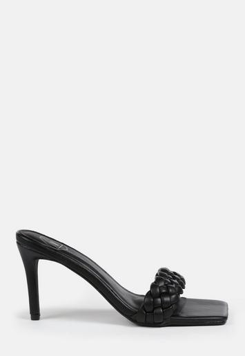 Black Square Toe Braided Mid Heel Mule Sandals | Missguided (US & CA)
