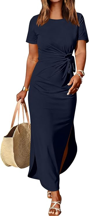 Prinbara Womens Summer Maxi Dress Casual Short Sleeve Tie Waist Split Long Tshirt Dresses 2026 Sp... | Amazon (US)