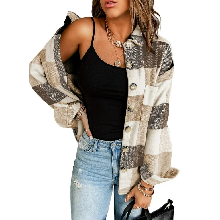 Eytino Womens Plaid Shacket Flannel Shirt Jacket Button Down Long Sleeve Shirt Coat L Brown | Walmart (US)
