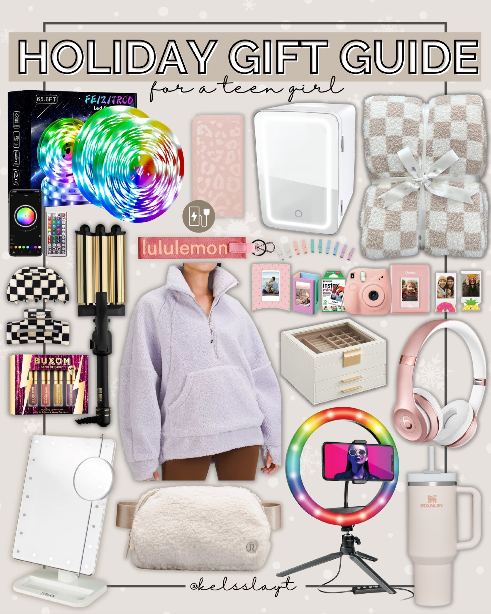 Gift guide teen girls, gift guide teenager, Christmas gift for girls, teenager gifts, Lululemon pullover, ring light, makeup mirror, jewelry box, mini fridge, checkered hair clips 

#LTKHoliday #LTKCyberweek #LTKunder50