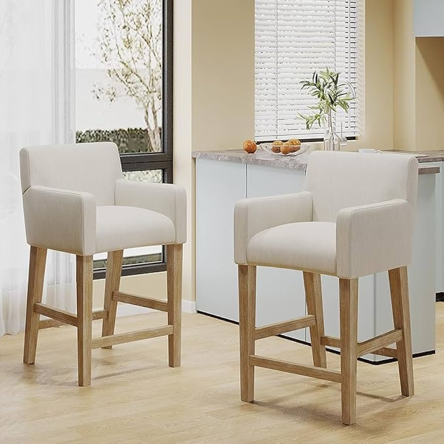 Merax 26" Fabric Upholstered Wood Counter Stools with Backrest and Armrests,Set of 2,Classic Bars... | Amazon (US)