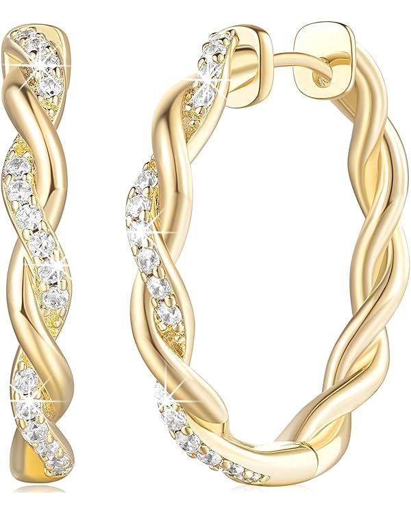 Gold Hoop Earrings 14K Gold Earrings for Women Twisted Large Gold Hoop Earrings Minimalist Diamon... | Amazon (US)