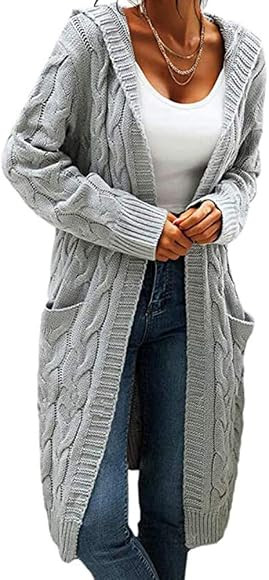 Women Hooded Open Front Cardigan Cable Knit Sweaters Solid Color Chunky Long Sweater Coats | Amazon (CA)