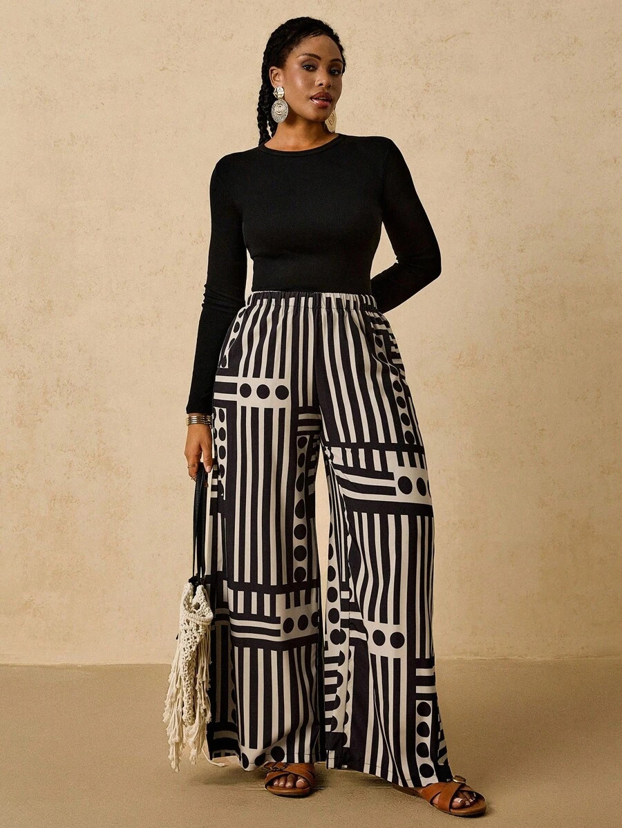 Travachic Plus Size Women's Black & Beige Geometric Print Wide Leg Pants With Pockets, Suitable F... | SHEIN