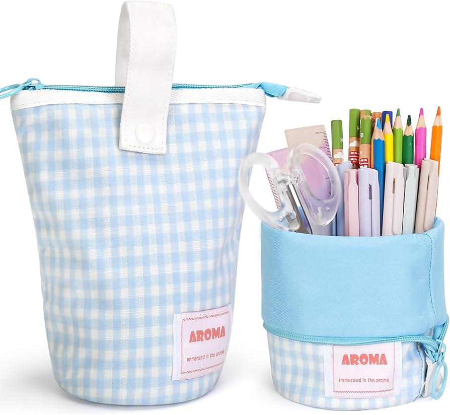 Standing Pencil Case for Girls,Big Capacity Cute Pen Holder Portable Pencil Pouch Aesthetic Pencil Holder Bag Makeup Cosmetics Bag for School Students Kids Teens Girls Boys Office(Blue) | Amazon (US)