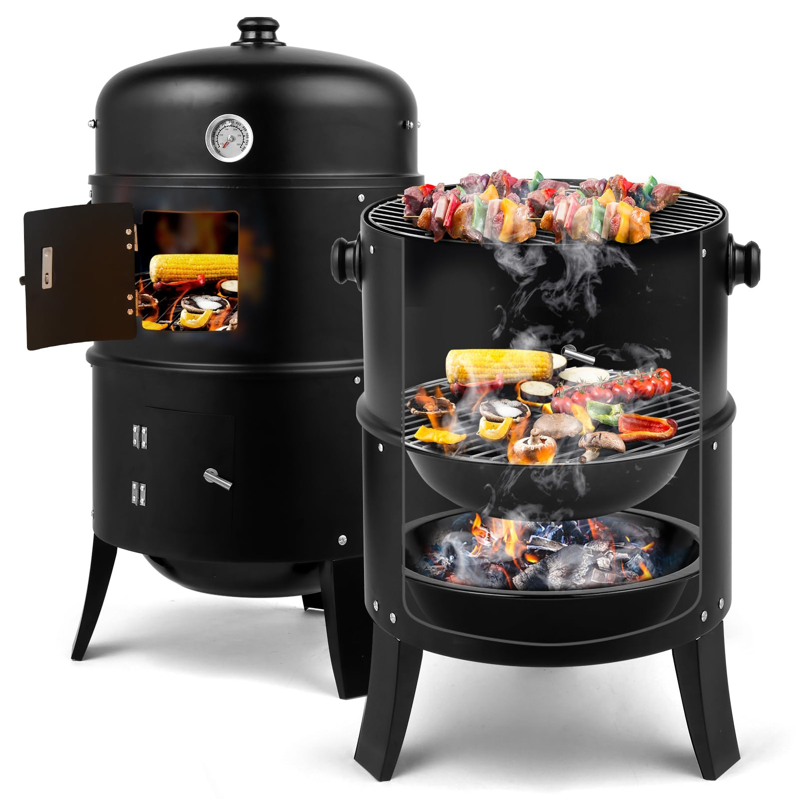Outvita Vertical 17 Inch Charcoal BBQ Smoker, 3-in-1 Portable Outdoor Grill Cooker with Built-in ... | Amazon (US)