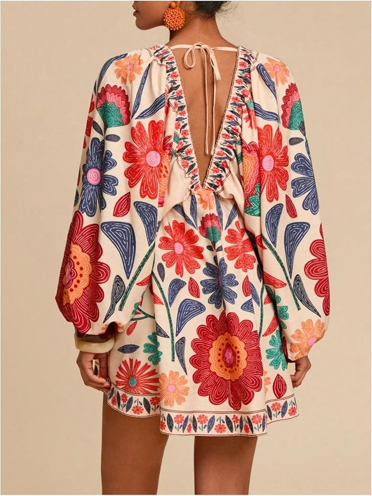 Women's Boho Floral V Neck Mini Dresses Bishop Sleeve Tie Open Back Tropical Dress | Amazon (US)