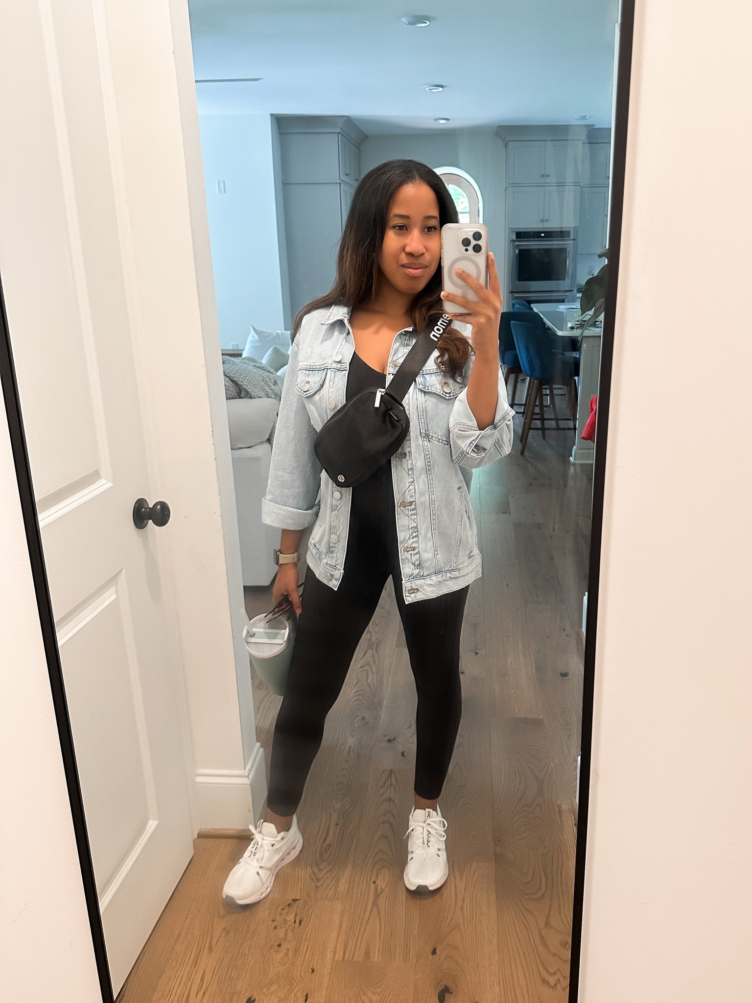 You basic B starter pack 🤣😂. Running errands to get ready for Disney so it’s a no makeup kind of day. The shoes are actually a lavender color on the soles, not white like pictures so make sure you Google the picture first. Pants are size 6; probably could do a size 4 now. Sports bras is a M. Jacket is an XS. Shoes I sized up 1.5 based on the measurements of my feet they took in store 🤯