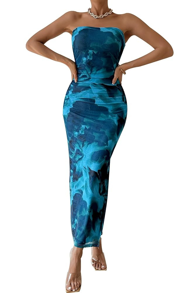 PRETTYGARDEN Women's Summer Maxi Bodycon Dresses Strapless Tube Top Slit Floral Printed Party Clu... | Amazon (US)