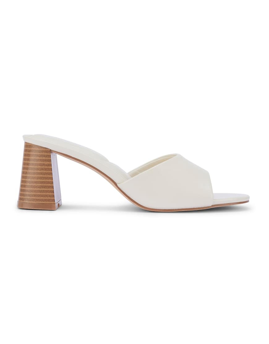 SEQWL Heeled mules slip on sandals with mid height block heel in cream-White | ASOS (Global)