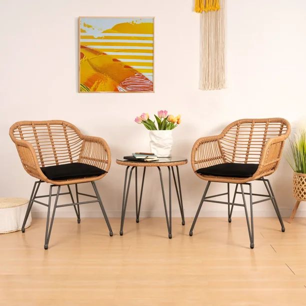 Tappio 3 Piece Outdoor Wicker Furniture Patio Bistro Set, PE Rattan Patio Chairs Set w/Table & Cu... | Walmart (US)