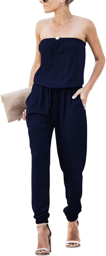 BELONGSCI Women Jumpsuit Strapless Off Shoulder Elastic Waist Stretchy Long Rompers Casual Loose ... | Amazon (US)