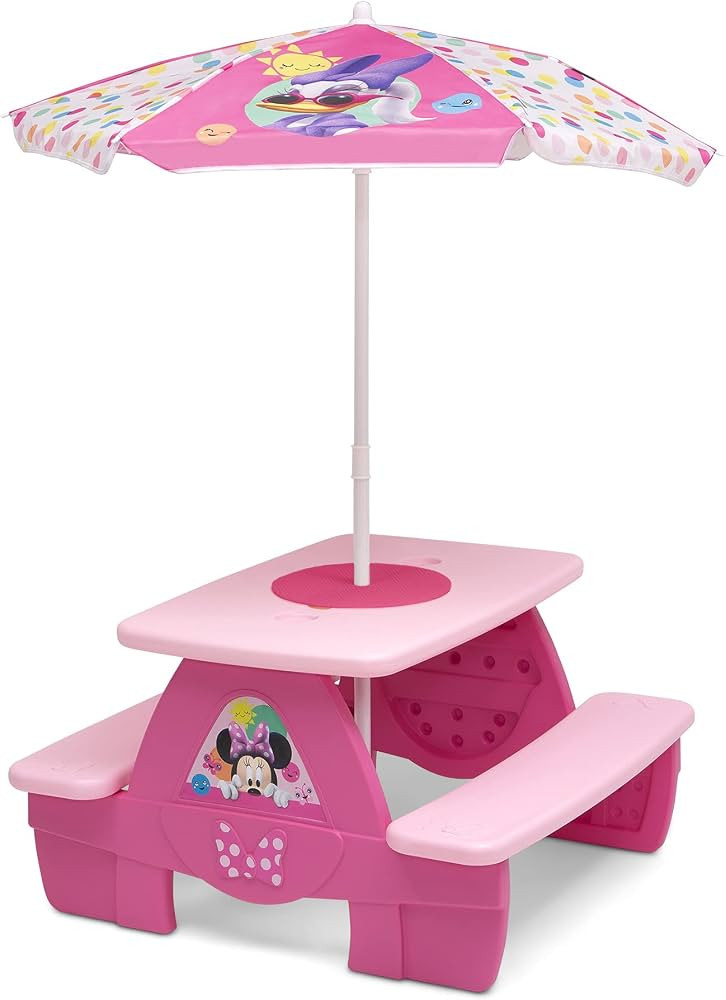 Delta Children 4 Seat Activity Picnic Table with Umbrella and Lego Compatible Tabletop, Minnie Mo... | Amazon (US)