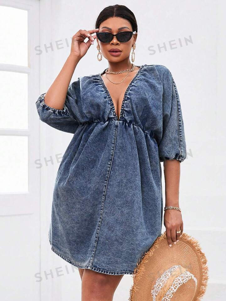 SHEIN SXY Plus Size Deep V-Neck Mid-Sleeve Denim Dress | SHEIN