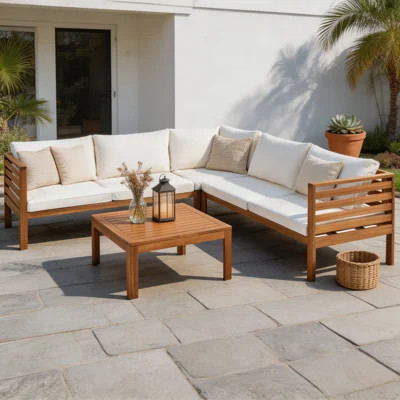 Wood‑Framed Outdoor Sofa Set with Beige Cushions, Exotic‑inspired Styling, Water‑resistant and UV‑protected Construction, Premium Acacia Wood and Heav | Wayfair North America