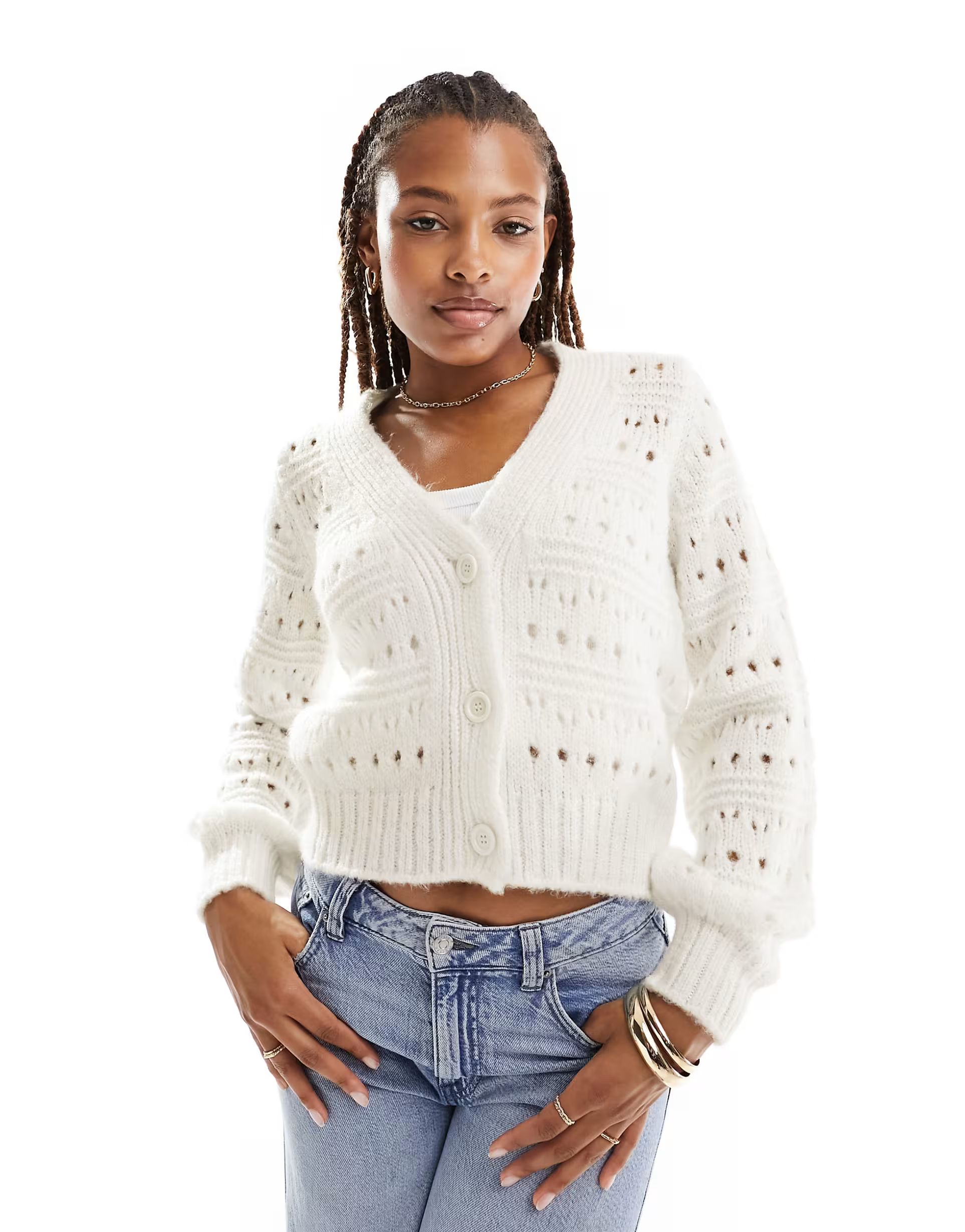 ASOS DESIGN knitted cardigan in pointelle stitch in cream | ASOS | ASOS (Global)