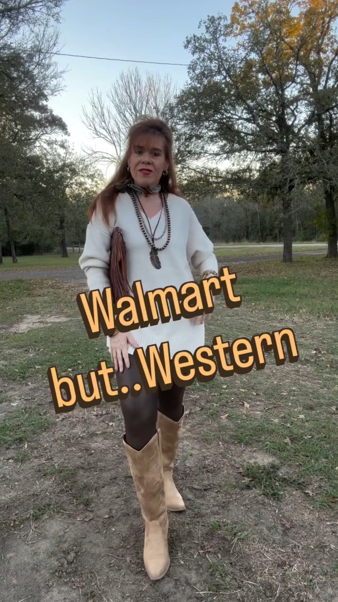 Walmart… but western 
My oversize sweater was the perfect choice for hanging out with family and friends. It’s an extended size garment so I am wearing a 0X to give me the length. I need to cover up all my chicken tenders. My brown leather leggings are a size small I love them. I wear them with everything And my no boundaries tall cowboy boots are perfect. I prefer wearing them for school. Because you can’t hear me coming down the hallways because of the soft souls.

I'm 5'8 | 148 lbs | Typically a Medium 4/6 (27) | Tall (36)

Like & Follow for more PoppieMichelle

#LTKootd #LTKHoliday #LTKSaleAlert