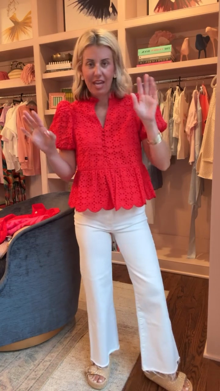 Love this top so much and it’s so flattering! Paired with my fave white jeans. I’m in small top, 0 jeans (size down) and 8.5 sandal (size up 1/2).

#LTKdayinmylife #LTKOver40 #LTKmomlife