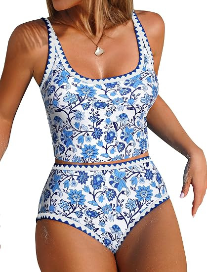 ZAFUL Tankini Swimsuit Tummy Control Bathing Suits Two Piece Swim Top with High Waisted Bottom | Amazon (US)