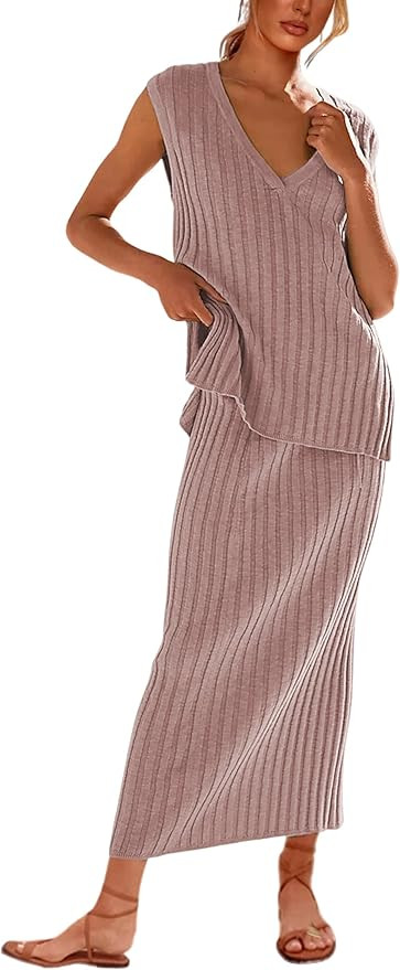 SCUSTY Women's 2 Piece Sweater Skirt Sets Sleeveless V Neck Knit Ribbed Vest Tops Midi Skirt | Amazon (US)