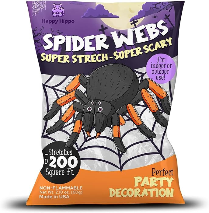 Happy Hippo Halloween Spider Web Decoration, 200 Sqare Feet & Plastic Spiders, Halloween Party Su... | Amazon (US)