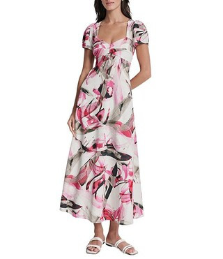 DKNY by Donna Karan Printed Linen Blend V-Neck Short Sleeve Asymmetric Midi Dress | Dillard's