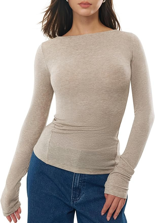Women's Boat Neck Long Sleeve Shirts Merino Wool Blend Tops Fitted Basic Tee Cozy Embrace Collect... | Amazon (US)