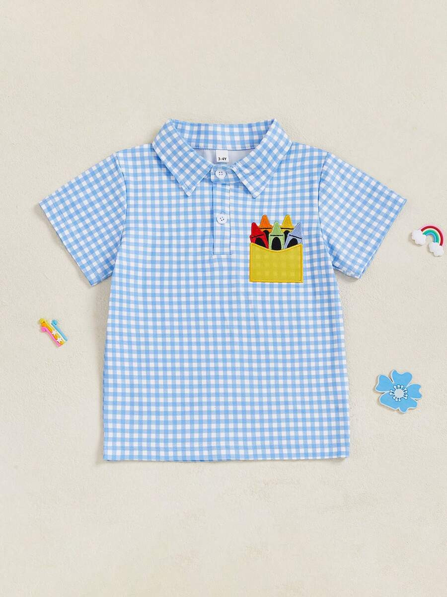 Back To School Shirts For Toddler Little Boys, Plaid Crayon Embroidered Short Sleeve Half Button-... | SHEIN