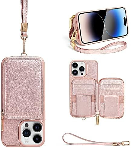 ZVE iPhone 14 Pro Max Wallet Case with Strap, Zipper Case with RFID Card Holder, Leather Handbag ... | Amazon (US)