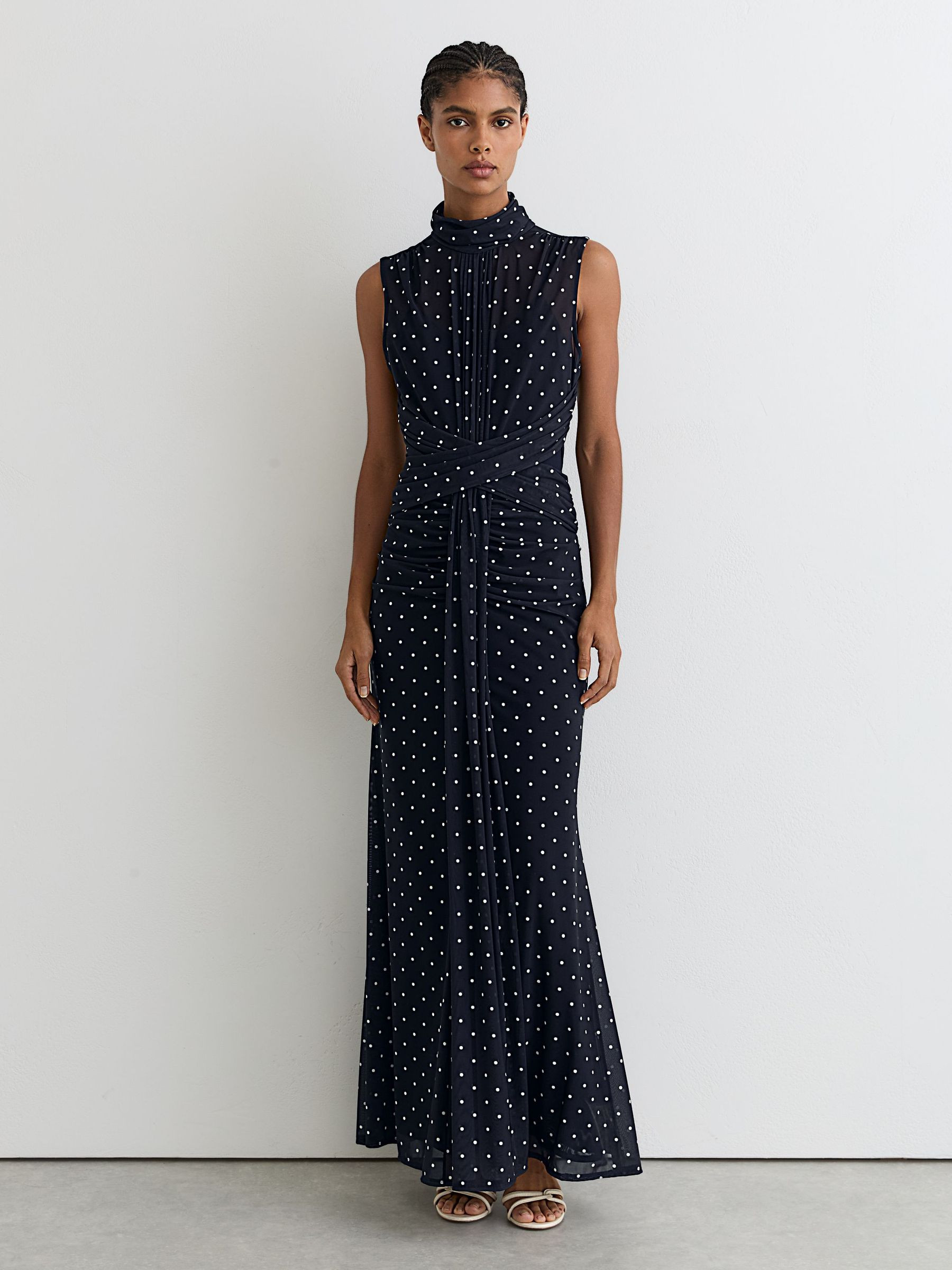 Reiss Polka-Dot Print Sleeveless Maxi Dress in Navy/Ivory - REISS | Reiss UK