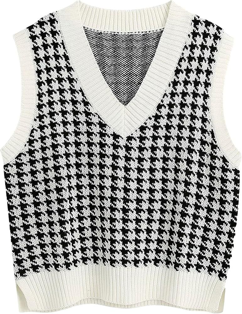 Gihuo Women's V Neck Trendy Sweater Vest Cable Knit Sleeveless Sweater Vest Houndstooth Sweater Vest | Amazon (US)