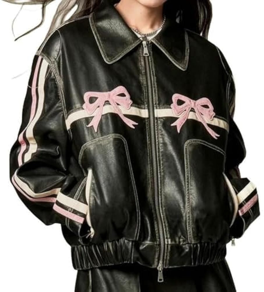 Y2k PU Leather Jacket Fashion Women Zipper Polo-Neck Sweet Cool Coat Autumn Vintage Street Top Ha... | Amazon (US)