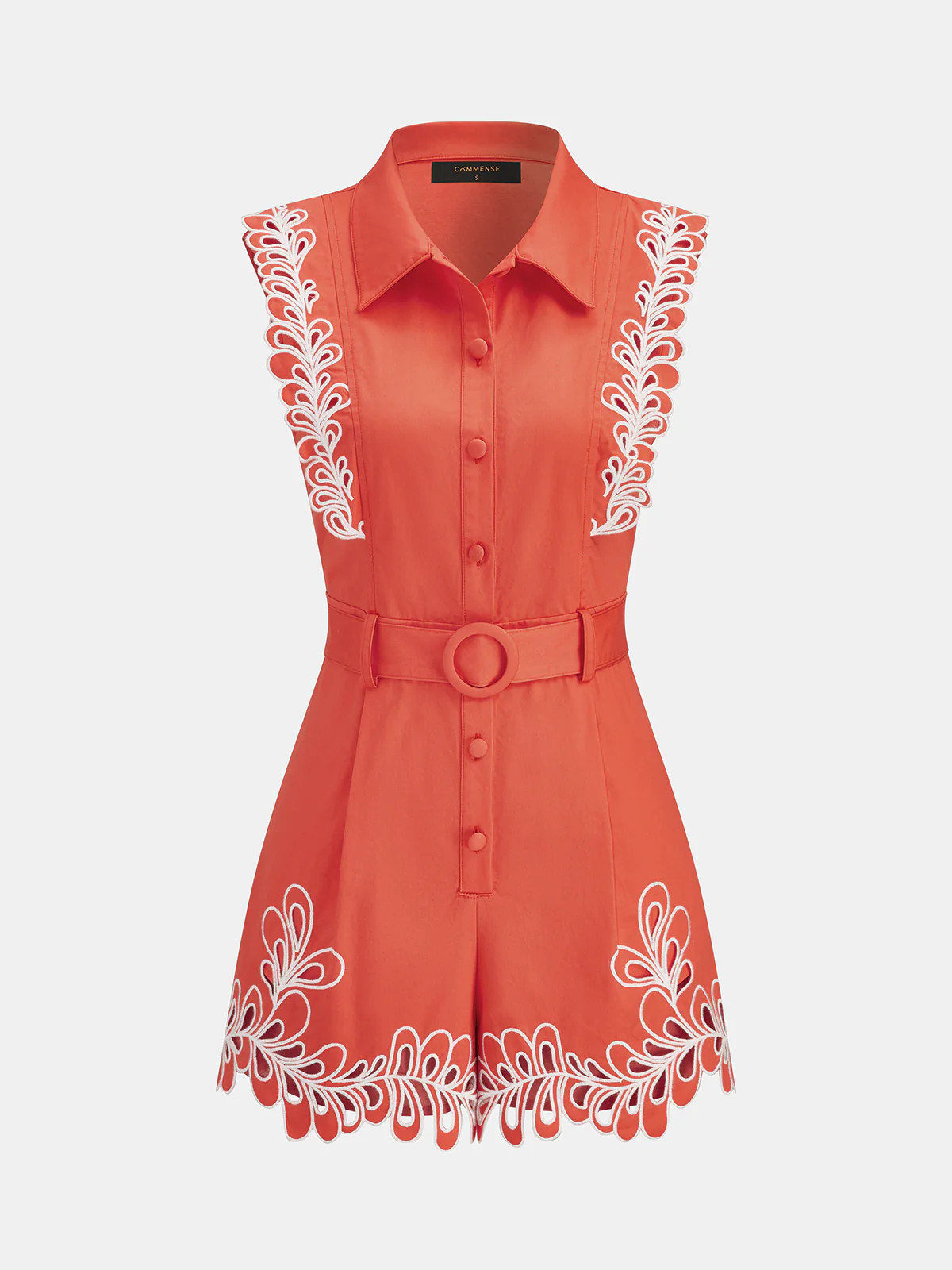 Embroidered Trim Belted Sleeveless Romper | Commense