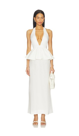 ADRIANA DEGREAS Solid Deep-V Peplum Maxi Dress in Ivory. - size M | Revolve Clothing (Global)