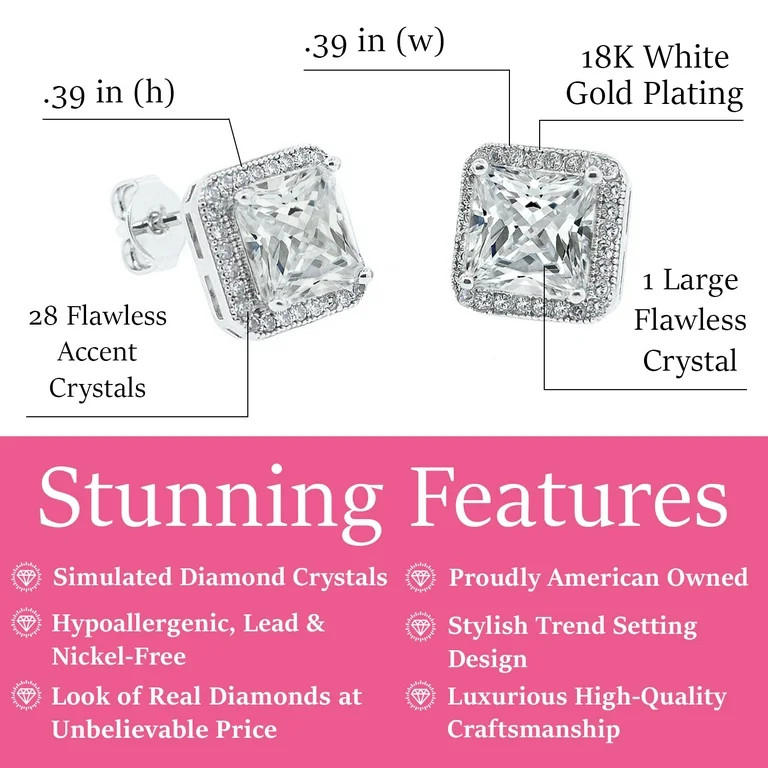 Cate & Chloe Norah 18k White Gold Plated Silver Stud Earrings with Crystals | Princess Cut CZ Ear... | Walmart (US)