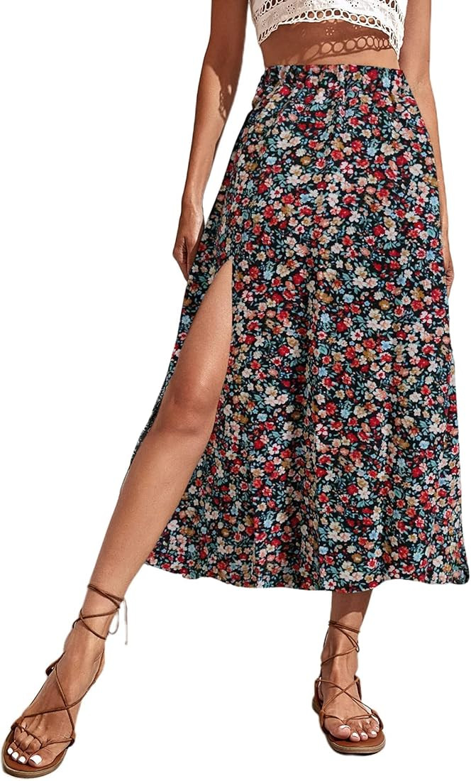 Avanova Women's Boho Leopard Print Thigh High Waist A Line Split Midi Skirt | Amazon (US)