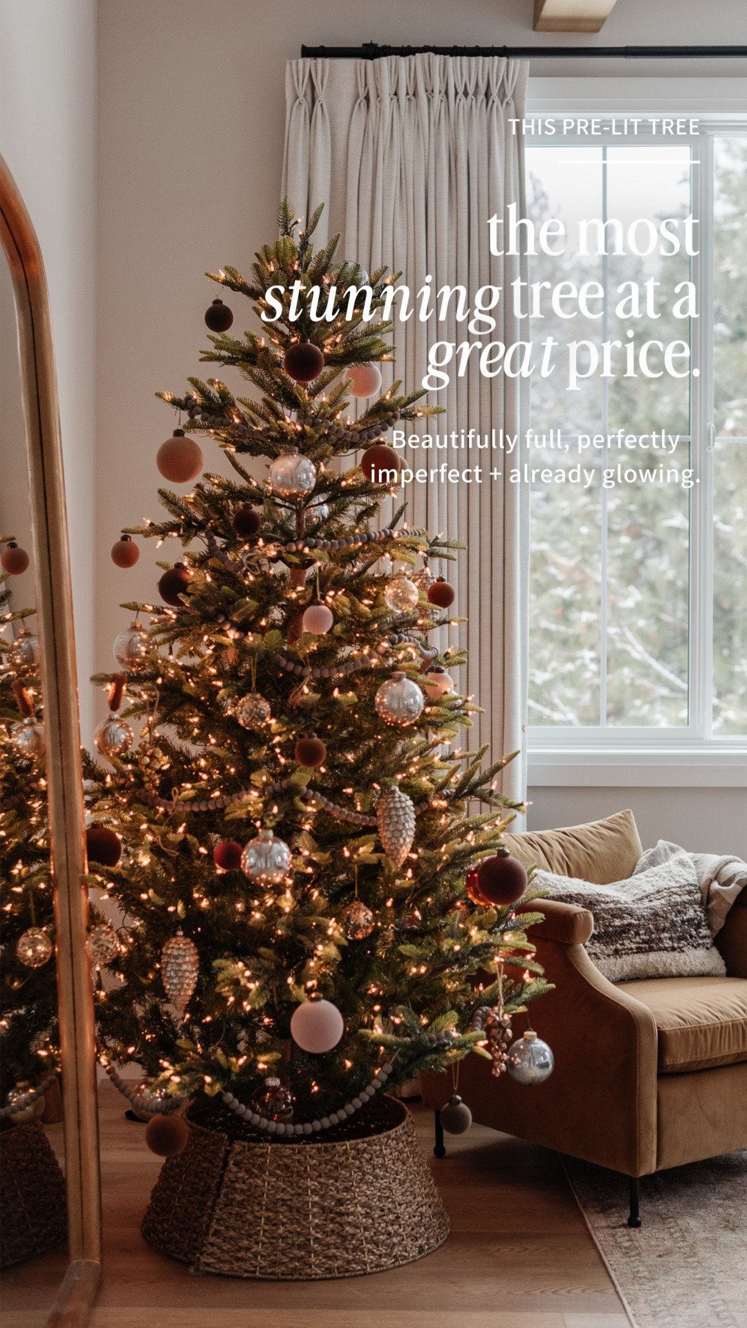 Holiday decor, Christmas decor, pre lit tree, armchair, accent chair, pillow, ornaments, tree decor, floor mirror, rug, bedroom tree, primary bedroom, curtains

#LTKSeasonal #LTKSaleAlert #LTKHome