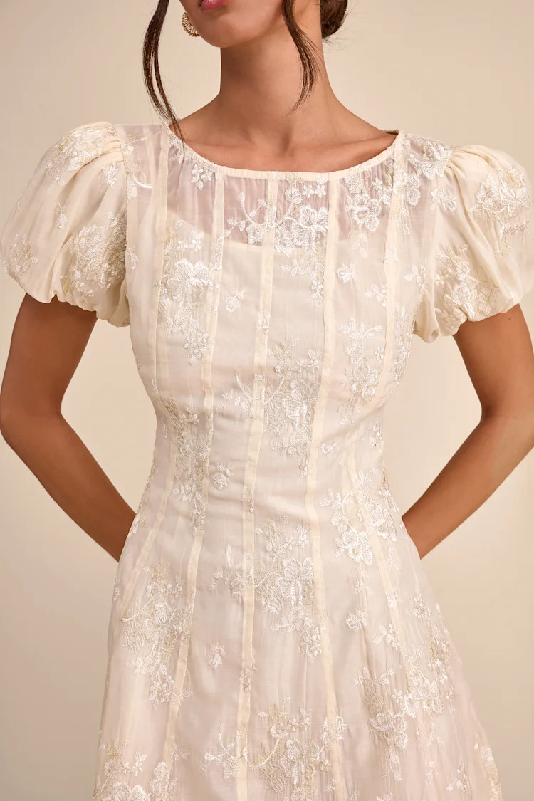 Elfrieda Cream Embroidered Puff Sleeve Mini Dress | Lulus