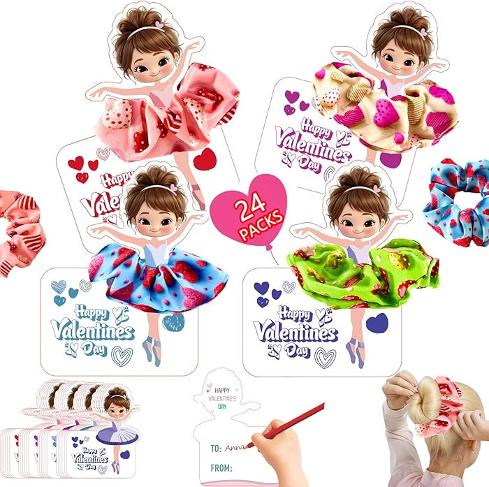 Valentines Day Gifts for Kids 24 Pack Ballerina Cards with Hair Scrunchies for Valentine Classroo... | Amazon (US)