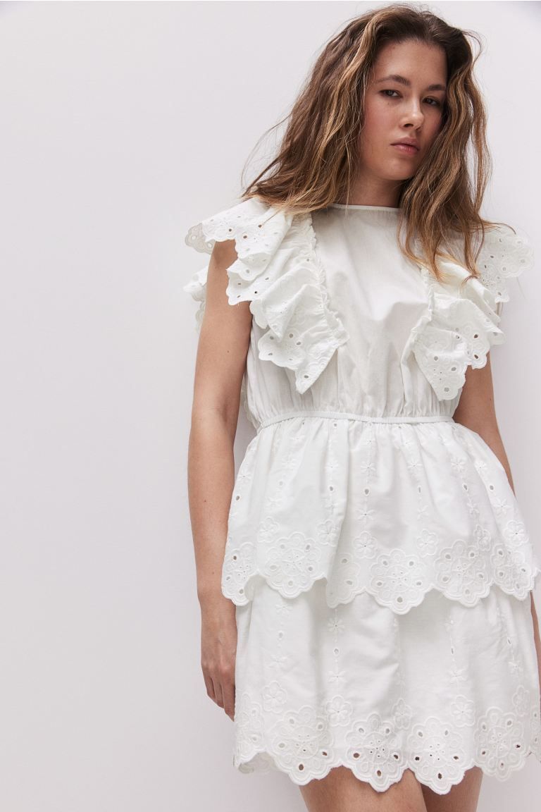 Flounced Cotton Dress - Round Neck - Sleeveless - White - Ladies | H&M US | H&M (US + CA)