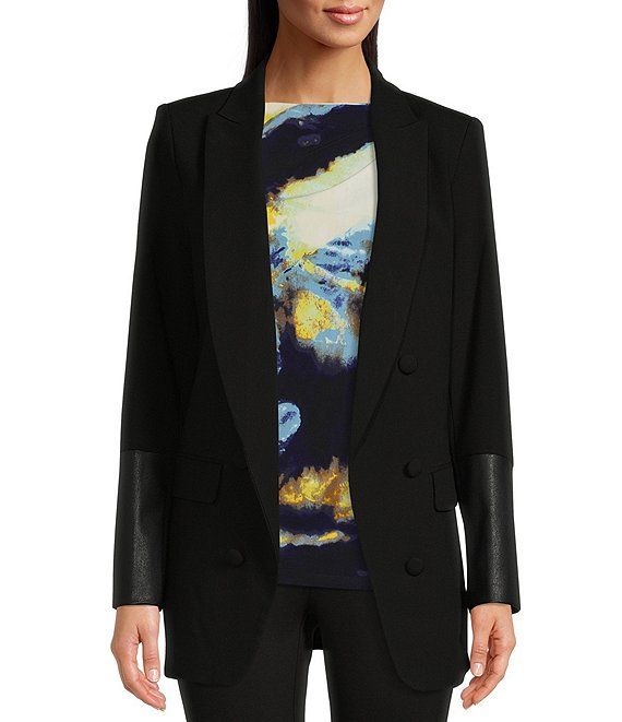 Mixed Media Faux Leather Trimmed Double Breasted Blazer | Dillard's