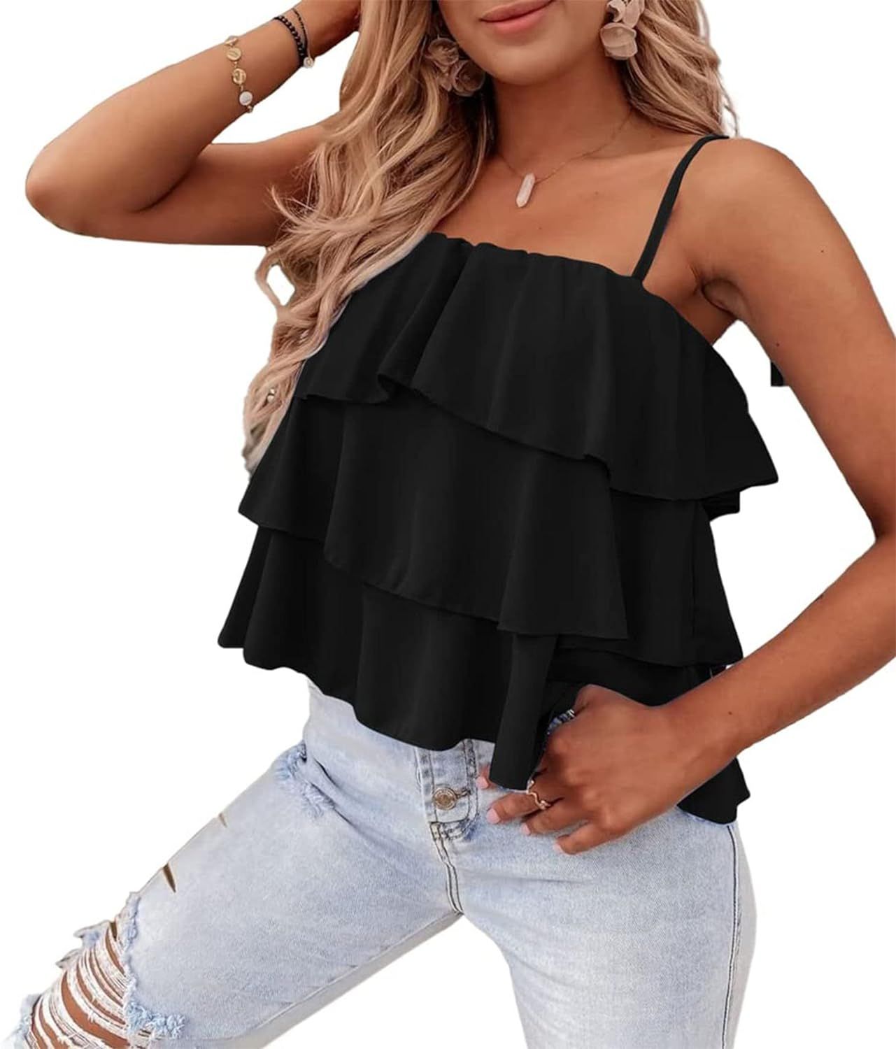 KIRUNDO 2023 Women's Summer Spaghetti Strap Cami Tank Tops Layered Ruffle Tie Shoulder Flowy Slee... | Amazon (US)