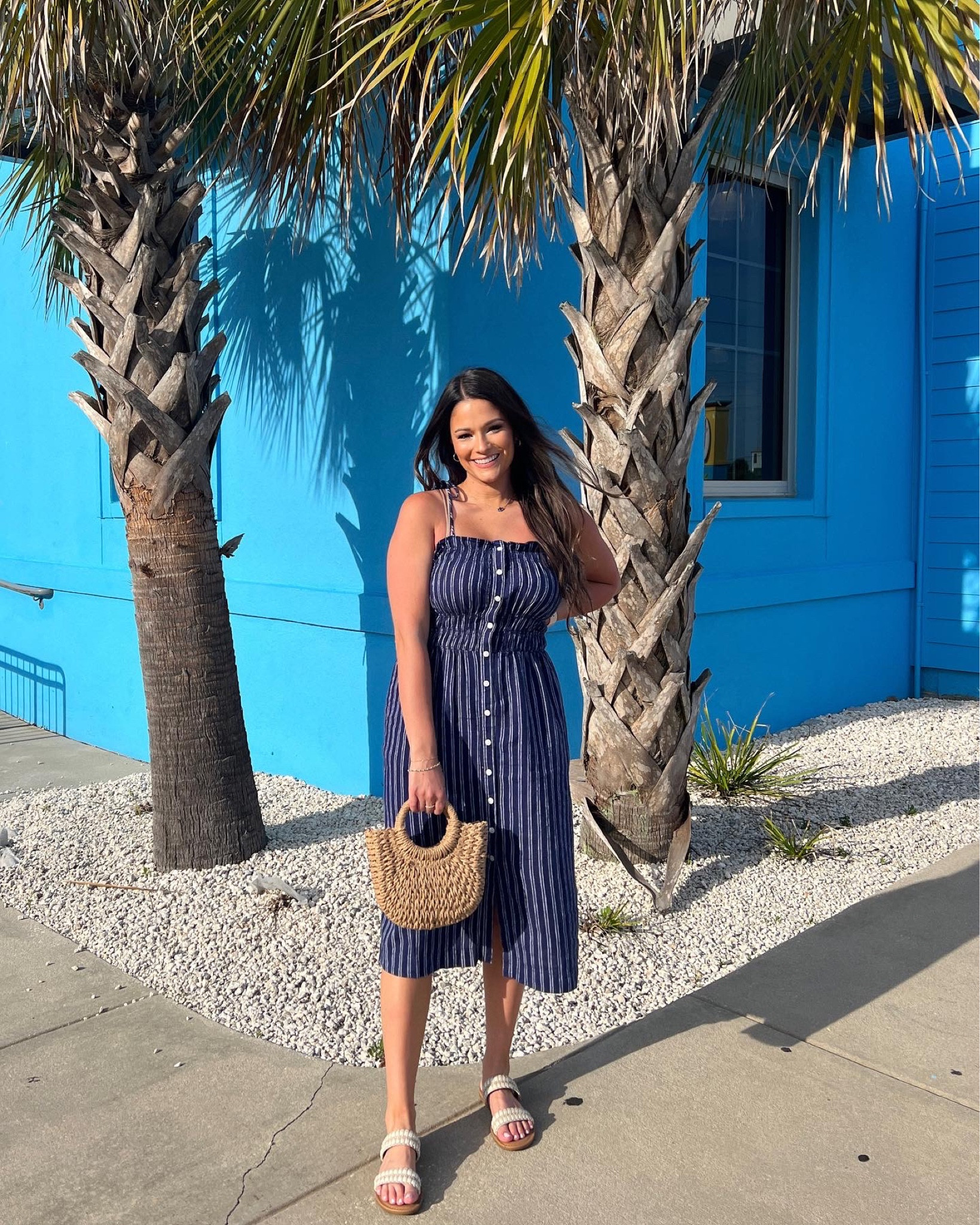 This dress and sandals are on sale for 20% off today only! | dress | summer outfits | summer dress | beach outfits | vacation outfits | sandals | striped dress | purse | straw purse | summer dresses | summer outfit | Memorial Day | 

#LTKsalealert #LTKshoecrush #LTKSeasonal